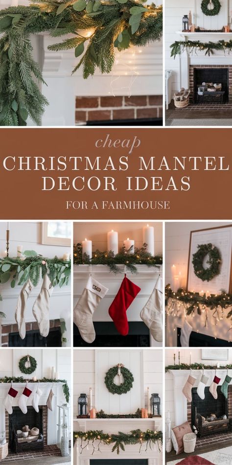 Collage of farmhouse Christmas mantels with greenery, candles, and stockings. Cozy, festive décor ideas create a warm holiday atmosphere. Garland On Mantle, Christmas Mantel Garland, Christmas Garland Mantle, Diy Garlands, Christmas Mantel Decor, Mantel Decor Ideas, Mantle Ideas, Mantle Garland, Wood Mantel