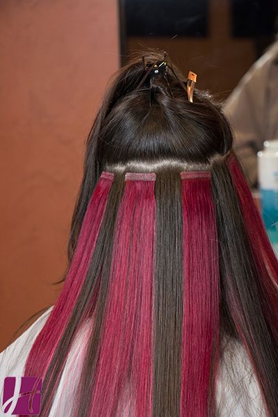 Peekaboo Tape In Extensions, Pink Tape In Hair Extensions, Colored Hair Extensions Clip In Highlights, Tape In Highlight Extensions, Peekaboo Hair Extensions, How To Install Hair Extensions, Colored Hair Extensions Clip In, Colored Extensions Ideas, Hair Extensions Color Ideas