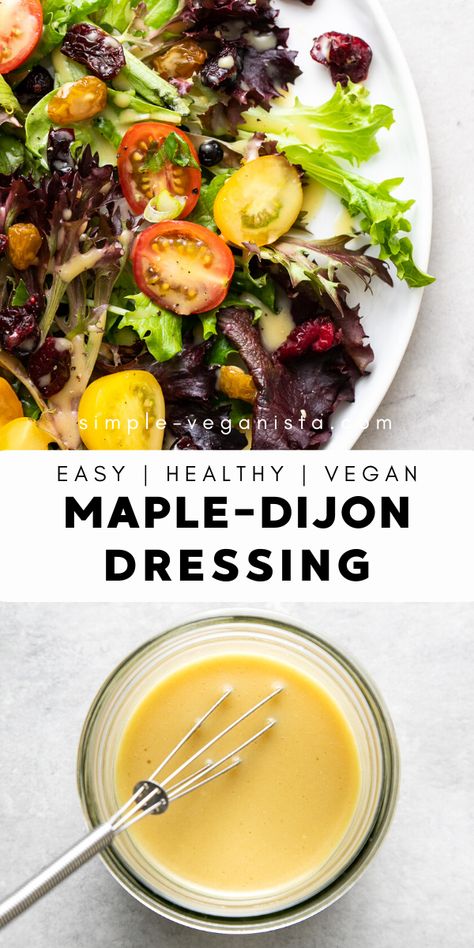 This homemade maple-dijon dressing is quick & easy, using only 4 simple ingredients for a delicious creamy vegan salad dressing you'll want to use on almost everything! #veganrecipes #healthyrecipes #veganrecipe #plantbased Cheese Sauces, Dijon Dressing, Vegan Salad Dressing, Vegan Dressing, Salad Dressing Recipes Homemade, Vegan Sauces, Homemade Salads, Homemade Salad Dressing, Vegan Salad