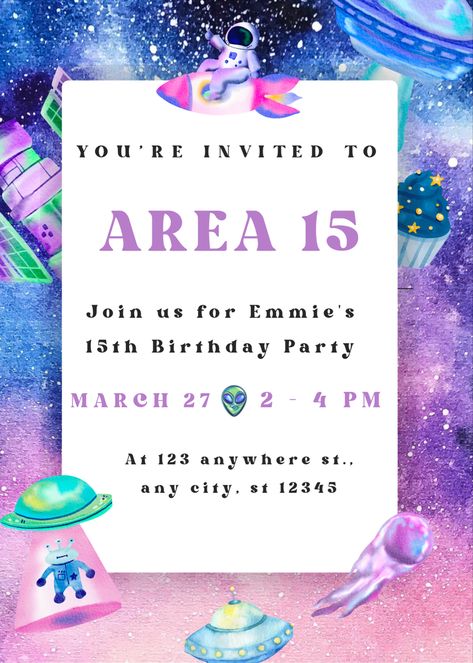 Galaxy Party Invitations, Alien Invitation Birthday, Outer Space Party Invitations, Out Of This World Invitation, Beautiful Alien, Alien Birthday Party, Prom Invites, Alien Birthday, Outer Space Birthday Invitations