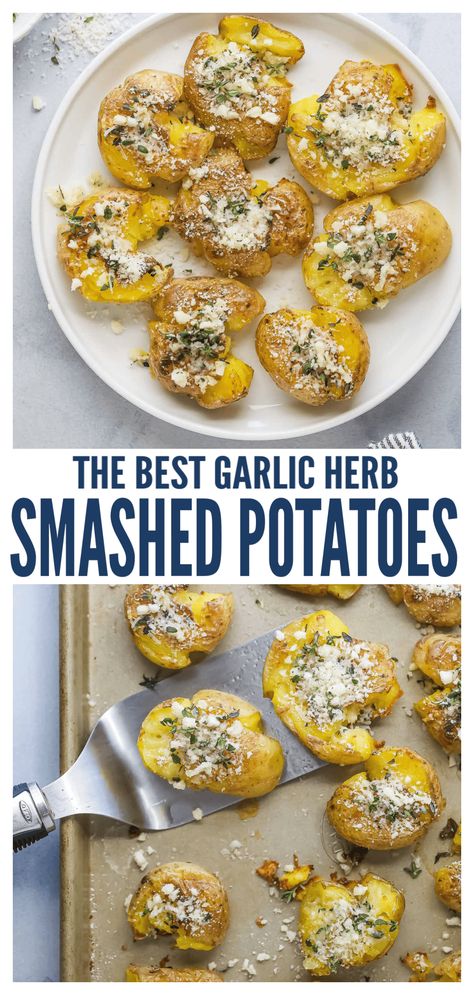 These garlic herb smashed potatoes with a crispy exterior and buttery interior are the perfect side for all your upcoming gatherings. Freshly grated parmesan and fresh thyme really take this easy recipe to the next level! Add red pepper flakes for a kick of heat. #sidedishes #holidaysides #christmasdinner #potatoes #smashedpotatoes #herbgarlic #potatorecipe Smashed New Potatoes, Smash Potatoes, Smashed Potatoes Baked, Smashed Red Potatoes, Garlic Smashed Potatoes, Herbed Potatoes, Smashed Potatoes Recipe, Crispy Smashed Potatoes, Quick Side Dishes