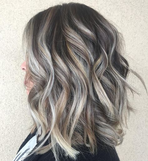 Brown Hair with Blonde and White Highlights Grey Brown Hair, Gray Balayage, Platinum Highlights, Grey Highlights, Blond Balayage, Highlights Blonde, Eternal Youth, Dark Hair With Highlights, White Highlights