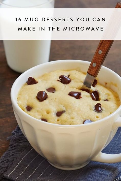 16 Mug Desserts You Can Make in the Microwave via @PureWow Cup Deserts, Microwave Treats, Mug Desserts, Chocolate Chip Mug Cookie, Cookie For One, Mini Recipes, Mug Recipe, Chocolate Chip Mug Cake, Chip Mug