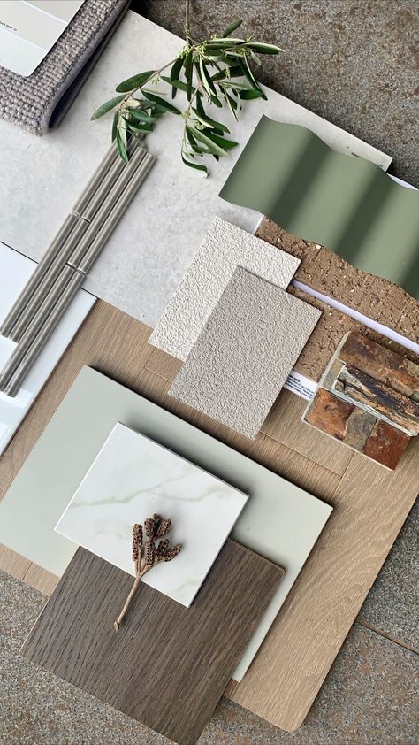 This flatlay showcases natural tones and hints of green elements #interiordesign #flatlay #moodboard Green Interior Design Palette, Green Material Palette, Green Material Board, Natural Color Palettes, Mood Board Nature, Natural Moodboard, House Color Schemes Interior, Established Home, Material Moodboard