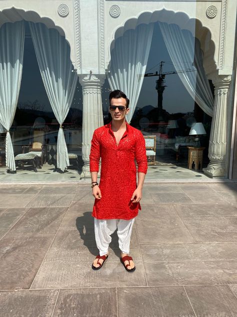 Red Kurta and salwar for men #mensfashion #mehndikiraat #party #shimmer #outfitoftheday Outfit by DS Shimmer Kurta For Men, Red Kurta Pajama Men, Red Kurta For Men Wedding, Kurta Salwar Men, Chicken Kurta For Men, Trendy Kurta For Men, Red Kurta Men, Red Kurta For Men, Salwar For Men