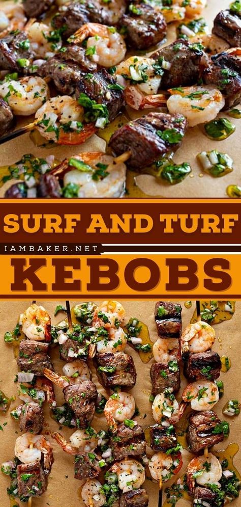 Looking for the best summer grilling recipe? Try these Surf and Turk Kebabs with Chimichurri Sauce! Tender and juicy steak and shrimp, grilled to perfection and covered in a tangy chimichurri sauce. Make this summer dinner recipe! Surf And Turf Kabobs, Steak And Shrimp Kabobs, Shrimp Grilled, Teriyaki Steak, Steak Kebabs, Shrimp Kabobs, Chicken Kebab Recipe, Grilling Kabobs, Steak Kabobs