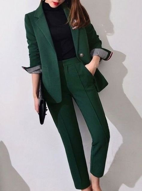 Shirt With Blazer, Green Suit Women, Green Blazer Outfit, Dark Green Pants, Suits Formal, Formal Workwear, Uniform Costume, Western Work, Top Jean