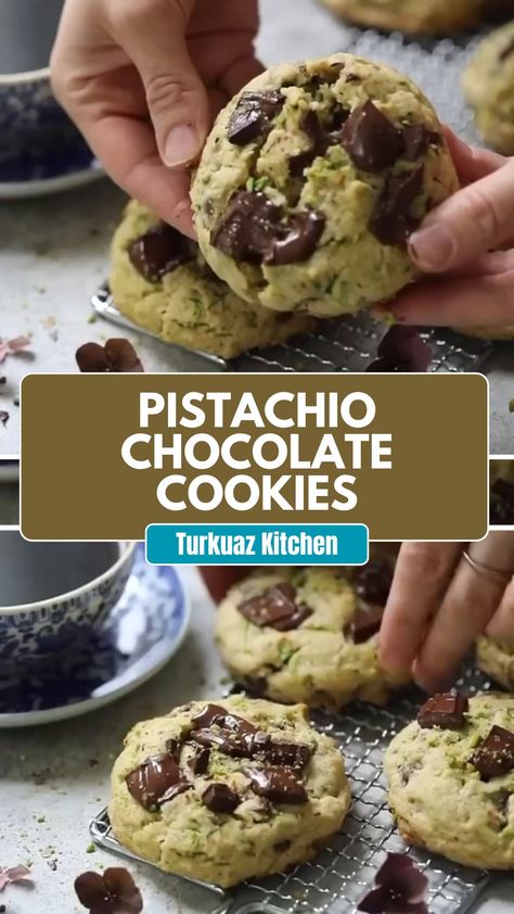 Turkuaz Kitchen Pistachio Chocolate Cookies Pistachio Chocolate Cookies, Pistachio Butter Cookies, Pistachio Chocolate Chip Cookies, Chocolate Chip Pistachio Cookies, Pistachio Cookies Recipe, Dark Chocolate Pistachio Cookies, Brown Butter Pistachio Chocolate Chip Cookies, Pistachio Soft Cookies, Turkish Cookies