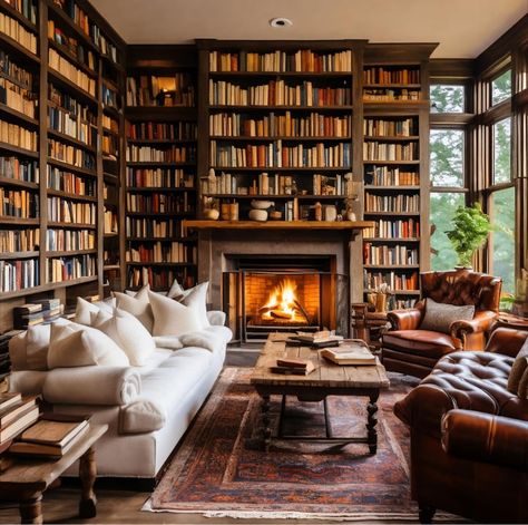 Dark Cozy Library, Cozy Home Library Basement, Small Cozy Library, Fireplace In Library, Grand Library Home, Library Room With Fireplace, Hidden Library Aesthetic, Bookshelf By Fireplace, Old Library Room Aesthetic