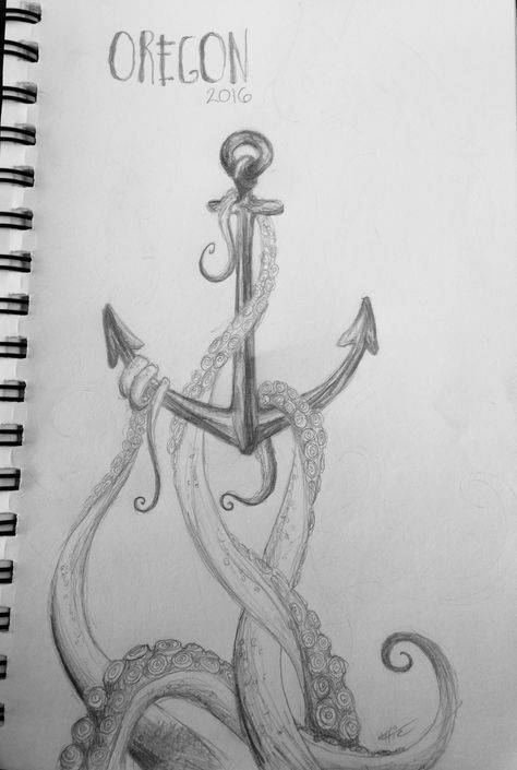 Anchor octopus ocean sketch pencil drawing art Oregon coast Sea Turtle Hatching Drawing, Sea Life Biro Drawing, Art Drawings Tattoo, Tenticals Reference Drawing, Octopus Drawing Tutorial, Sea Monster Sketch, Kraken Drawing Sea Monsters, Squid Drawing Simple, Ocean Themed Drawings