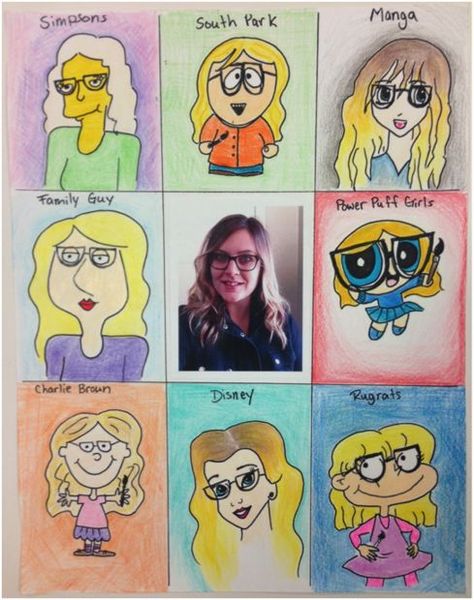 Cartoon Self Portraits Cartoon Art Lesson Middle School, Middle School Self Portraits, Op Art Lessons, Self Portrait Drawing, Art Docent, Self Portrait Art, 7th Grade Art, Art Education Lessons, 8th Grade Art