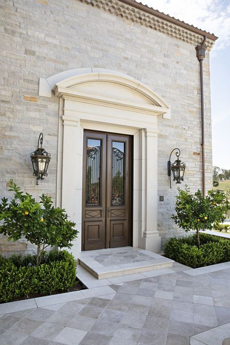 Boutique Exterior, Portico Entry, Backyard Door, Art Deco Exterior, Limestone House, Boundary Wall, Front Facade, European Doors, Balcony Railing Design