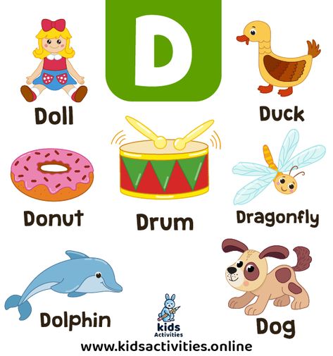 Letter D Pictures For Preschool, Letter D Words And Pictures, Words That Start With D, Letter D Flashcards, Letter D Words, Letter D Activities For Preschool, Preschool Words, Letter I Words, Letter C Worksheets