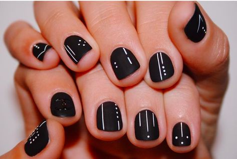 Black Nail Designs: Lines + Dots. A simple black base with a few well-placed white lines and dots. Click through for 30 black nail design ideas. #blacknailpolish #blacknaildesigns #nailideas IG: @imarninails French Manicure Long Nails, Line Nail Art, Minimal Nails Art, Matte Gel, Mens Nails, Art Designs Ideas, Matte Black Nails, Black Nail Art, Minimal Nails