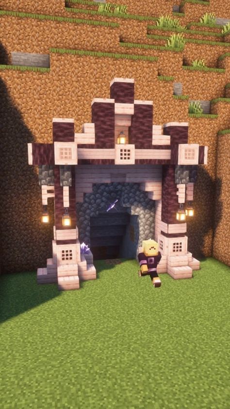 RoYeZ | Minecraft Mine Entrance Design🌸 #minecraft #minecraftbuilds #minecraftbuilding #minecraftideas | Instagram Interior Walls Minecraft, Minecraft Open House Ideas, Minecraft Mine Shaft Entrance Ideas, Cute Minecraft Mine Entrance, Minecraft Dwarven Entrance, Minecraft Roundabout, Cute Minecraft Portal Ideas, Minecraft Wall Gate, Entryway Minecraft