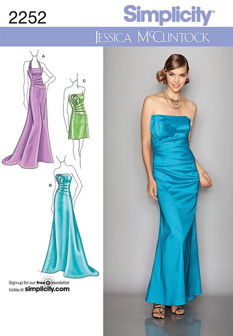 S2252 Jessica McClintock (cocktail length) 45": 1 3/4 yds; 60": 1 1/2 yds 2 1/2 yds ltwt fus int 45" lining: 3/4 yd  2 1/2 yd 3/8" featherweight boning 14" invis zip Diy Prom Dress Pattern, Prom Dress Patterns, Dress Patterns Uk, Prom Dress Sewing Patterns, Modern Dress Patterns, Diy Prom Dress, Evening Dress Sewing Patterns, Patterned Bridesmaid Dresses, Prom Dress Pattern