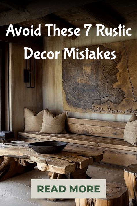 Discover the top 7 common mistakes to avoid when decorating with a rustic theme. Learn how to create a cozy and chic space by steering clear of these design faux pas. Elevate your rustic decor game and achieve that perfect balance of warmth and style. Your home will thank you for it! Rustic Forest Home Decor, Cabin Wall Ideas Rustic, Rustic Den Ideas, Rustic Hunting Cabin Interior, How To Decorate A Cabin, Rustic European Decor, Mountain Farmhouse Decor, Rustic Shelf Decor Living Room, Boys Hunting Bedroom Ideas