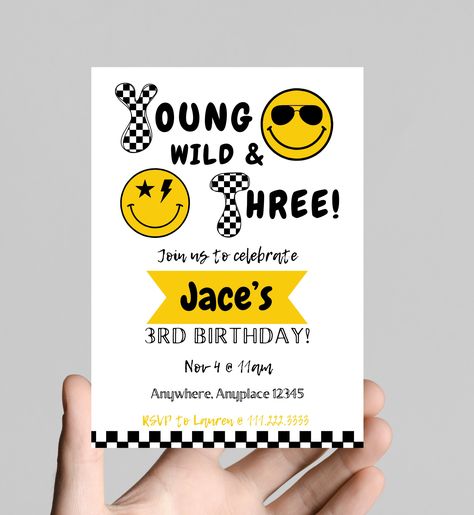 Young, wild, and THREE boy 3rd birthday party invitation, black and white, smiley face, sunglasses, edit and printable, digital Five Is A Vibe Invitation, 5th Boys Birthday Party Ideas, 5th Birthday Party Themes Boys, Five Birthday Party Ideas Boy, Boys 5th Birthday Party Ideas Themes, Fifth Birthday Theme Boy, Boys 5th Birthday Theme, Five Year Old Birthday Theme Boy, 5th Birthday Themes Boy