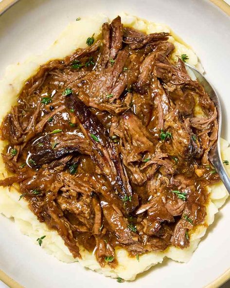 French Onion Pot Roast Recipe (Fall-Apart Tender!) | The Kitchn Dinner With Mashed Potatoes, French Onion Pot Roast, Dinner Ideas Winter, Classic Pot Roast, Roasted Lamb, Perfect Mashed Potatoes, Beef Dinners, Winter Dishes, Onion Gravy