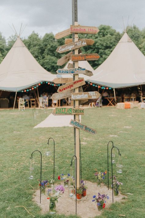 Wedding Tipi Idea Signpost Outdoor Kate Waters Photography #tipiwedding #weddingideas Tipi Wedding Decor, Wooden Sign Posts, Village Hall Wedding, Country Field, Painted Wooden Signs, Wedding Decor Ideas, Tipi Wedding, Camp Wedding, Alfred Angelo