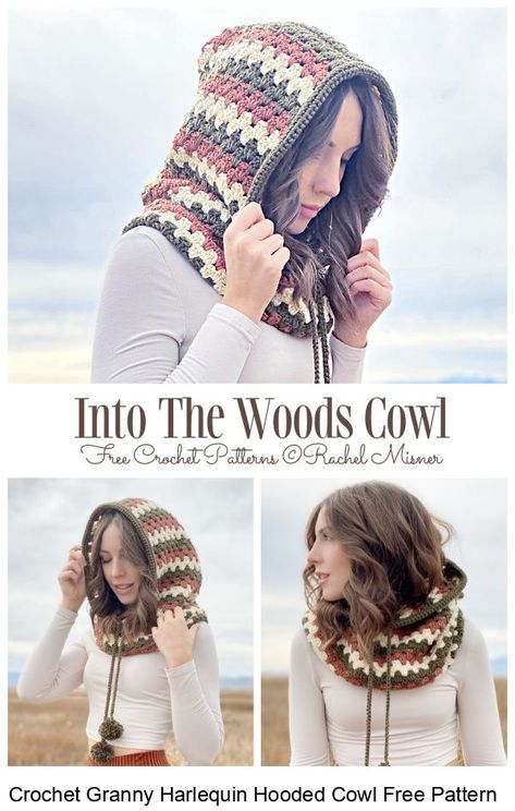 Crochet Granny Harlequin Hooded Cowl Free Pattern: Harlequin Hoodie Cowl , Granny stitch cowl hoodie Crochet Hooded Scarf, Crochet Hood, Crochet Cowl Pattern, Crochet Cap, Crochet Winter, Haken Baby, Clothes Aesthetic, Crochet Clothes Patterns, Clothes Summer