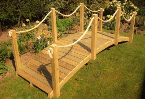 Nautical Garden Ideas, Yard Bridge, Garden Bridges, Rope Railing, Pond Bridge, Under Bridge, Rope Bridge, Wooden Bridge, Garden Pond