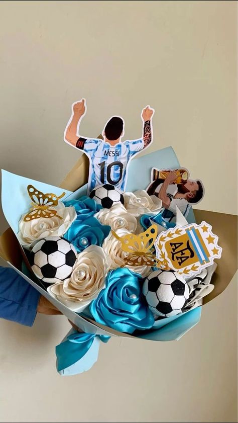 Soccer Flower Bouquet, Gifts For Soccer Boyfriend, Messi Bouquet, Soccer Bouquet, Messi Gift Ideas, Boyfriends Birthday Ideas, Ribbon Rose Bouquets, Roses Bouquet Gift, Ribbon Flowers Bouquet