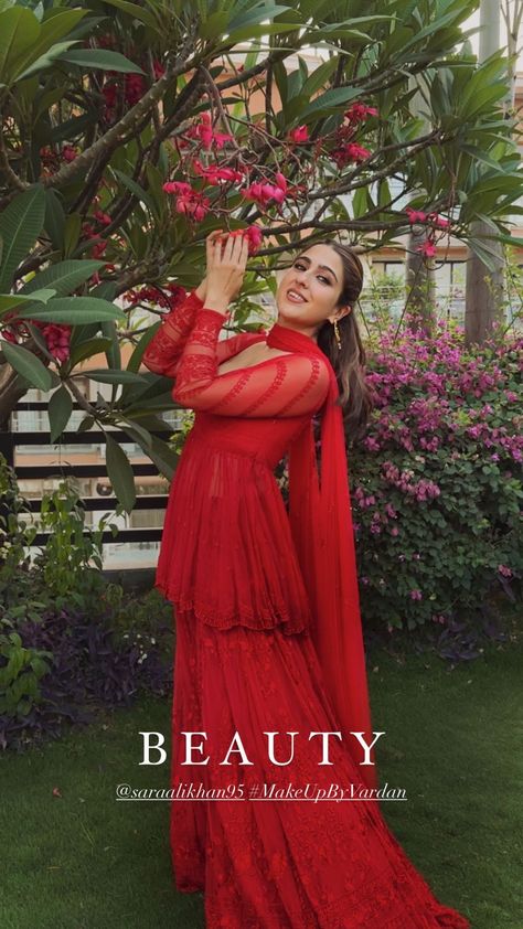 Tere Vaste Sara Ali Khan Red Dress, Sara Ali Khan Red Sharara, Sara Ali Khan Indian Wear, Pakistani Dresses Casual Simple Stylish, Eid Aesthetic, Red Sharara, Affan Waheed, Anarkali Designs, Dressing Design