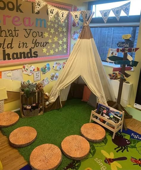 Reading Corner Tent Classroom, Reggio Inspired Cozy Corner, Reading Tent Classroom, Reading Corner Aesthetic Classroom, Classroom Decor Reading Corner, Natural Reading Corner Classroom, Reading Corner Ideas Classroom, Camping Reading Corner, Classroom Book Nook Ideas