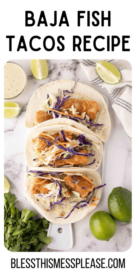 Baja fish tacos are ideal for any taco party, featuring crispy hand-battered fish, crunchy cabbage, and a refreshing lime crema. Fish Taco Batter Recipe, Crispy Fish Tacos, Fish Tacos Breaded, Baja Fish Taco Sauce Recipe, Baha Fish Tacos, Fish Tacos With Lime Crema, Fried Halibut Fish Tacos, Best Baja Fish Tacos Recipe, Beer Battered Fish Tacos With Baja Sauce