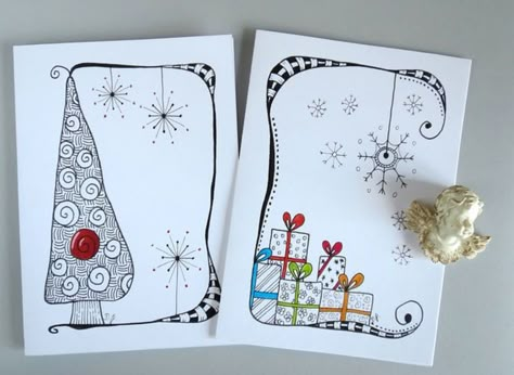 Zentangle Christmas Cards Ideas, Watercolor Christmas Cards Diy, Painted Christmas Cards, Christmas Doodles, Christmas Card Art, Homemade Christmas Cards, Watercolor Christmas Cards, Diy Christmas Cards, Christmas Drawing