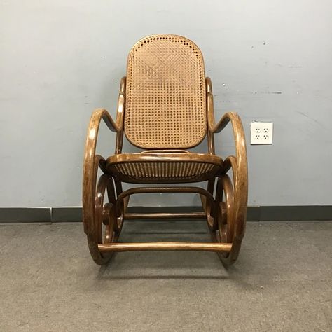 Original Thonet rocker! … FYI- Michael Thonet was the inventor of the process of bentwood production. In order to create this type of furniture, wood is heated with water vapour and then bent into the desired shape, which gives the pieces their particular charm ✨ Vintage Thonet Medium-Stained Solid Maple Bentwood Rocking Chair w/ Light-Stained Cane Seat & Back [See: Light Wear to Finish] (20”W x 42”D x 41”H) Item Number: 16480-9 $125 • • • Love it? Don’t miss out! You can purchase this it... Bentwood Rocking Chair, Love The Earth, Furniture Wood, Bent Wood, Pro Tip, Reduce Reuse, Types Of Furniture, Green Design, Rocking Chair