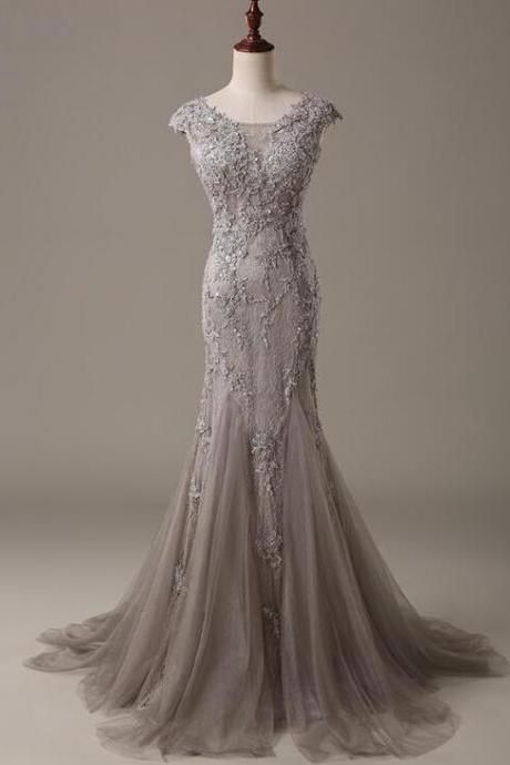 Grey Evening Dress, Vintage Evening Dresses, Lace Dress Wedding, Custom Made Prom Dress, Grey Evening Dresses, Modest Evening Dress, Evening Dress Long, Tulle Evening Dress, Cheap Evening Dresses