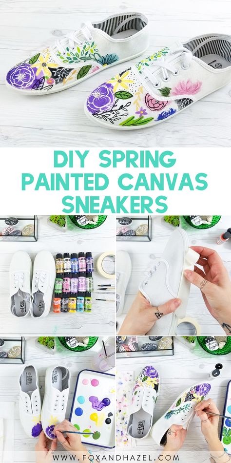 Welcome spring with these funky & fun painted canvas sneakers! Release your inner artists & brighten up your wardrobe! #foxandhazel #paintedshoes #paintedsneakers #decoarts #diyfashion #shoediy #canvassneakers Painting Canvas Sneakers, Painting On Shoes Ideas Easy, Diy Painted Canvas Shoes, Canvas Sneakers Diy, Upcycling Shoes, Paint For Shoes, Paint Sneakers, Shoe Painting Ideas, Paint Shoes