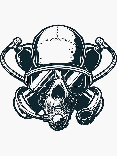 "Scuba Diver Twinset Diving Theme" Sticker by DV-LTD | Redbubble Skeleton Diver Tattoo, Scuba Mask Drawing, Scuba Mask Tattoo, Scuba Diver Art, Scuba Diver Drawing, Diver Tattoo Ideas, Scuba Diver Tattoo, Scuba Tattoo, Aquatic Tattoo