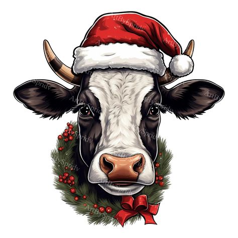 Christmas Cow Painting Canvas, Cow Christmas Wallpaper, Christmas Cow Drawing, Merry Christmas Cow Pictures, Cow Jokes, Christmas Cow Art, Cow Stuff, Cow Colour, Western Prints