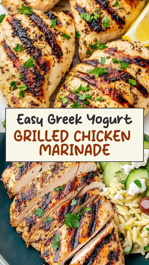 Looking for a delicious and healthy recipe? Try this flavorful Greek yogurt grilled chicken marinade! This marinate, made with creamy Greek yogurt and aromatic spices, will take your grilled chicken to the next level. It's perfect for summer barbecues or a quick weeknight dinner. The tangy yogurt tenderizes the chicken while infusing it with rich, savory flavors. Your taste buds will thank you! Greek Yogurt Dinner Recipes, Yogurt Grilled Chicken, Greek Chicken Breast, Healthy Greek Recipes, Best Greek Yogurt, Greek Yogurt Chicken, Grilled Chicken Marinade, Yogurt Chicken, Moist Chicken