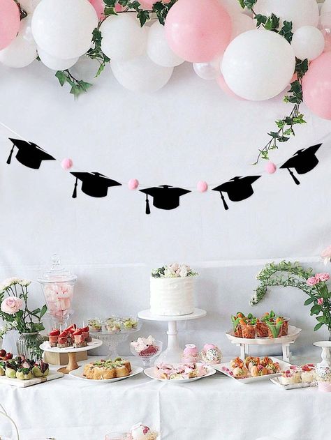 1pc Black Glitter Doctoral Cap With Cute Pink Pom-Pom, Used As Graduation Party Decoration Banner | SHEIN USA Rose Gold And Pink Graduation Party Ideas, Graduation Party Doctor, Pink Graduation Decor, Pink Bow Graduation Party, Pink Nurse Graduation Party, Pink Graduation Decorations, Bow Graduation Party, Doctoral Graduation Party, Pink Grad Party Decorations