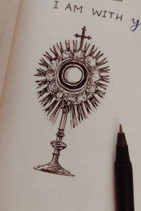 Rosary Art Drawing, Catholic Watercolor Art, Monstrance Drawing, Catholic Drawings Easy, Eucharist Drawing, Religious Sketches, Eucharist Art, Catholic Drawings, Religious Drawings