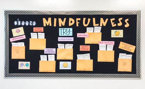 How to Use a Mindfulness Bulletin Board in Your School - Counselor Clique School Staff Wellbeing Board, Destress Bulletin Board Ideas, School Psych Bulletin Boards, Office Bulletin Board Ideas Business, Self Care Bulletin Board, Mindfulness Bulletin Board, School Counselor Bulletin Boards, Counseling Decor, Counselor Bulletin Boards