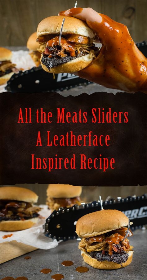 [Sponsored] BBQ Recipes | Movie Recipes | Horror | Excited for the release of Lionsgate's Leatherface, The Geeks have created an easy recipe featuring Texas BBQ flavors, All the Meats Sliders. 2geekswhoeat.com Horror Movie Inspired Food, Freddy Krueger Food Ideas, Tv Recipes, Horror Movie Themed Party Food, Horror Themed Food Ideas, Scary Movie Food Ideas, Horror Movie Birthday Party Food Ideas, Horror Themed Dinner, Horror Movie Themed Dinner