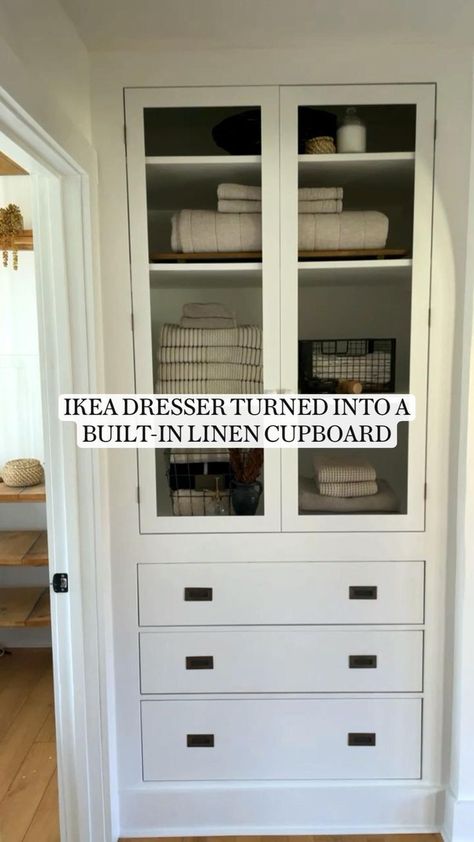 Linen Closet Makeover, Built In Dresser, Closet Built Ins, Hallway Closet, Ikea Dresser, Linen Cupboard, Closet Renovation, Closet Remodel, Small Hallway