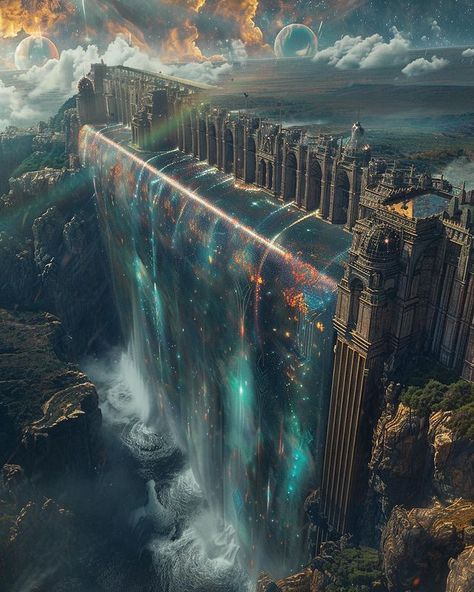 Sci Fi Places, Sci Fi Inspiration, Medieval Sci Fi, Sci Fi World, Scifi World, Ethereal City, Waterfall City, Witch City, Fantasy Cities