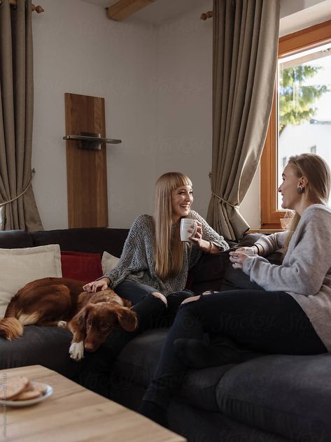 Women chatting on couch by Milles Studio for Stocksy United Dog On Couch, Living Room Candles, Group Poses, Family Picture Poses, My Relationship, Sitting Poses, Friends Laughing, Dance Routines, People Sitting