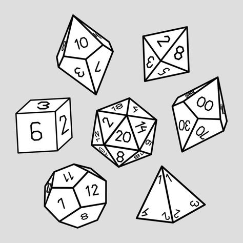 Vector set of dice for fantasy board games dnd rpg D20 Line Art, D&d Dice Drawing, Dnd Drawing Ideas, Dnd Dice Drawing, Dice Doodle, Dnd Dice Art, Dice Reference, Dice Outline, Dnd Doodles