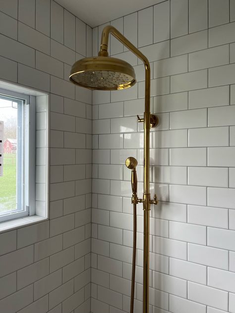 Exposed Plumbing Shower Kit, Shower With Exposed Plumbing, Brass Exposed Shower System, Antique Brass Shower System, Exposed Shower Plumbing On Glass Wall, Shower Fixtures And Hardware Ideas, Exposed Plumbing Bathroom, Exposed Shower Plumbing, German Apartment