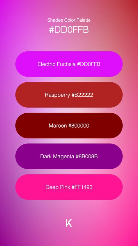 Shades Color Palette Electric Fuchsia #DD0FFB · Raspberry #B22222 · Maroon #800000 · Dark Magenta #8B008B · Deep Pink #FF1493 Hot Pink Color Palette Colour Schemes, Pink Color Palette Colour Schemes, Hot Pink Color Palette, Color Palette Colour Schemes, Palette Colour Schemes, Raspberry Pink Color, Pink Color Palette, Monochromatic Color Palette, Hex Color Palette