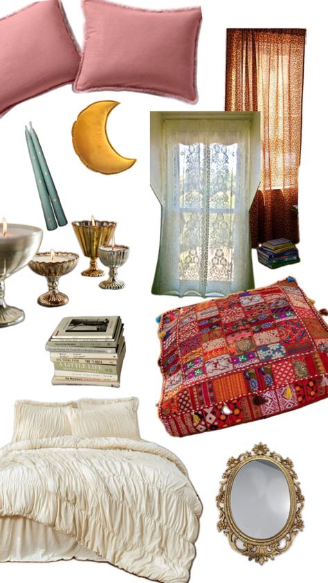 Sheer cheetah curtains, lace curtains, linen bedding, eclectic candles, vintage mirror, used books, moon pillow, meditation pillow Whimsigoth Decor, Urban Outfitters Home, Decor Aesthetic, Eclectic Decor, Bedroom Inspirations, The Universe, Urban Outfitters, Universe, Bedroom