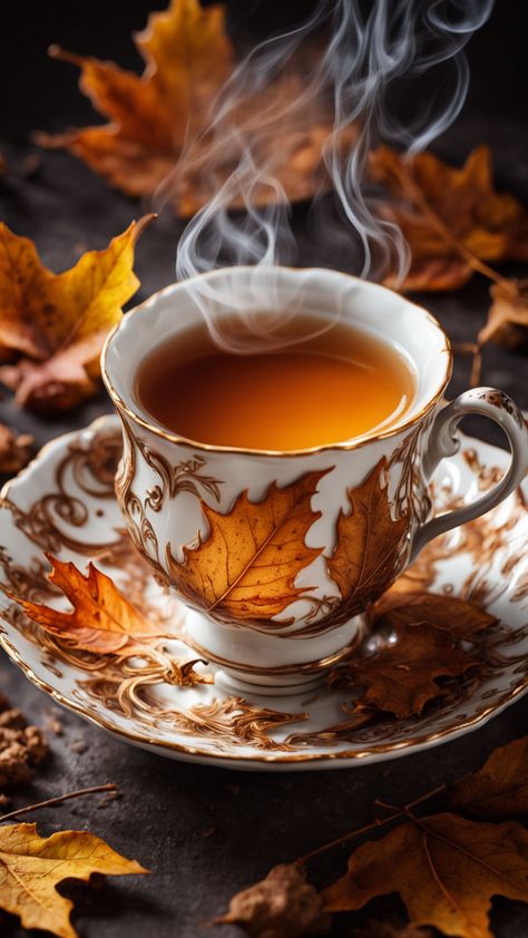 A cup of tea at Autumn time - AI creation Cup Of Tea Photography, Aesthetic Clothing Styles, Autumn Aesthetic Cozy, Aesthetic Fall Vibes, High Contrast Black And White, Tea Etiquette, Coffee Autumn, Cozy Tea, Art Deco Artwork