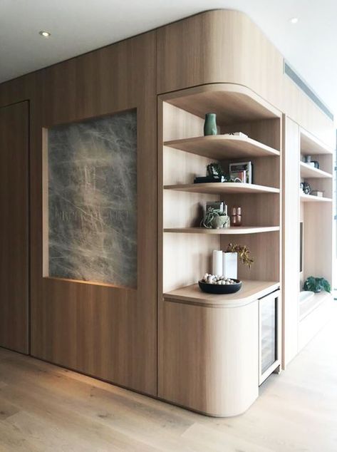 Bar And Bookshelf, Entry Joinery, Office Mini Bar, Curved Millwork, Curved Walls Interior, Full Wall Storage, Full Wall Bookshelf, Best Wall Design, Curved Cupboard